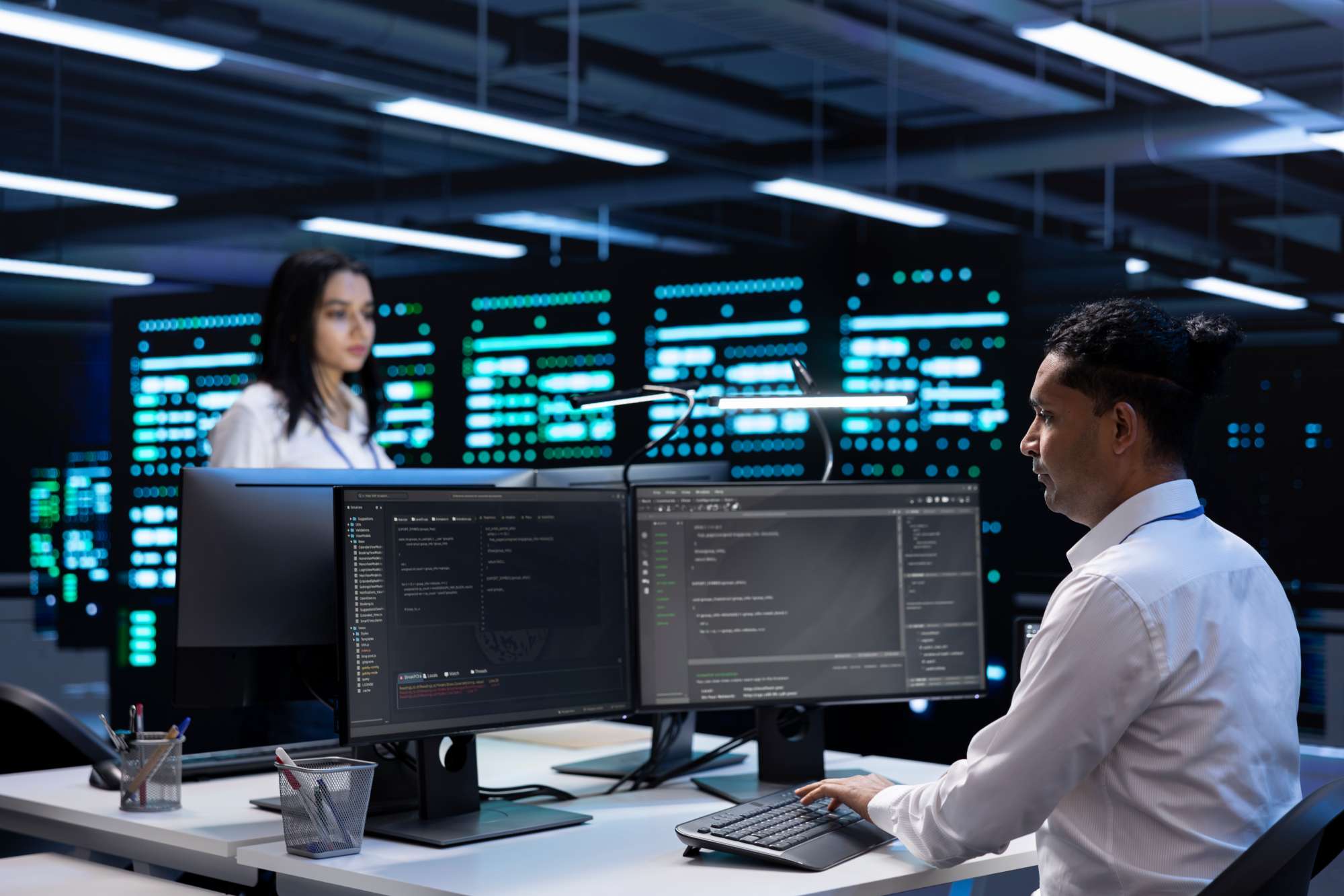 Enterprise Core Networking 4 coworkers data center using computers find firewall misconfigurations